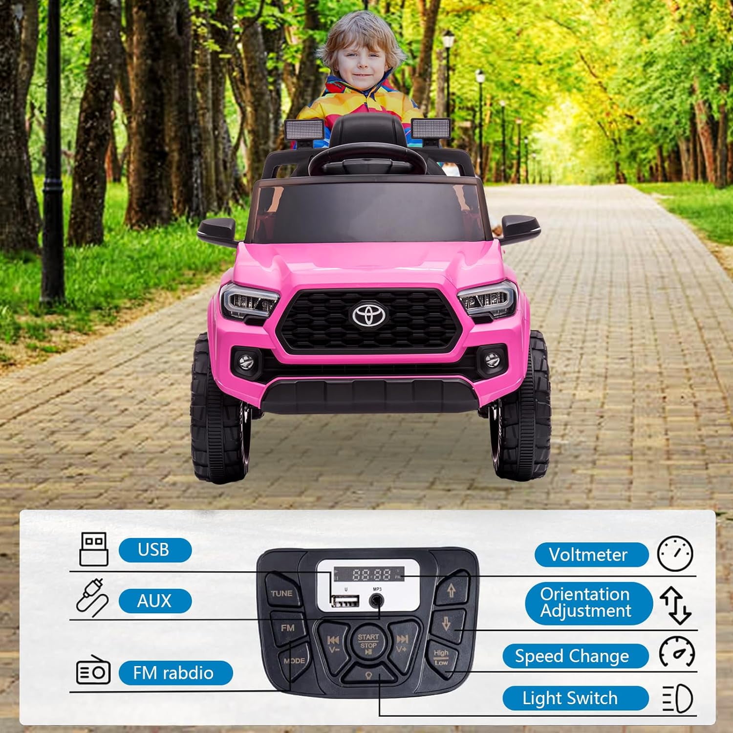 12V Licensed Toyota Tacoma Electric Car with Remote Control, Spring Suspension, Safety Belt, 2-Speed Ride-On Vehicle with Headlights, Pink