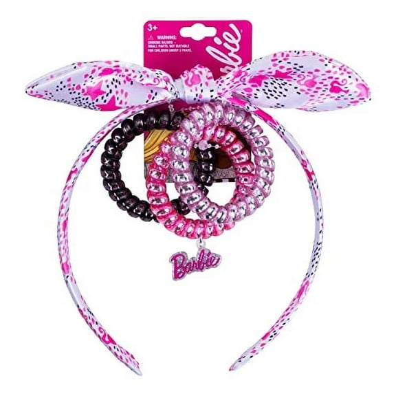 LUV HER Barbie 4 Piece Pink Fabric Covered Knot Headband and Spiral Hair Tie Set for Girls, Ages 3