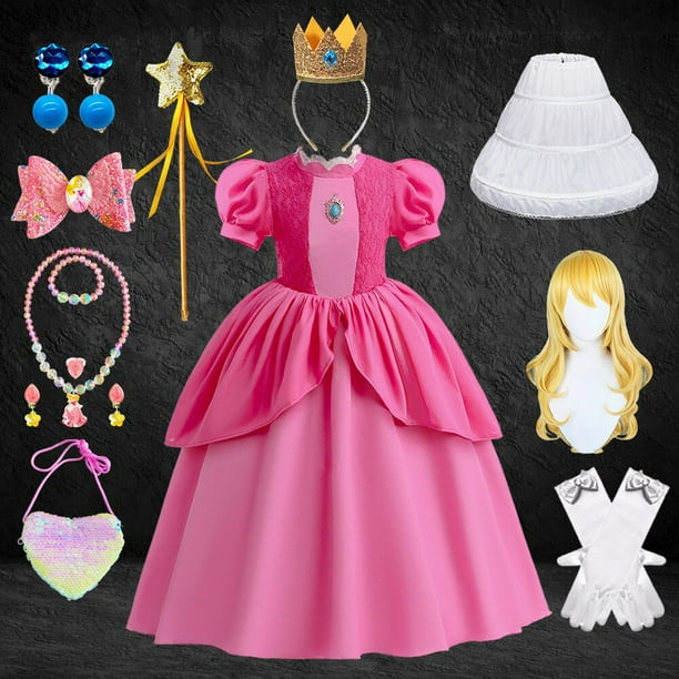 Vestido de princesa Peach para fiesta de cumpleaños de niñas, Vestido largo de encaje de manga abullonada rosa para baile de graduación, disfraz de Aurora para Halloween Fivean unisex