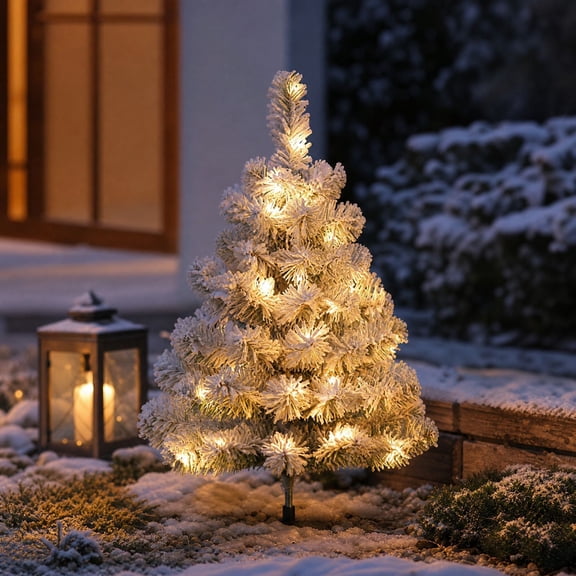 Pre-lit Flocked Mini Artificial Christmas Tree Warm Lights Snowy Tabletop Small Pine Tree