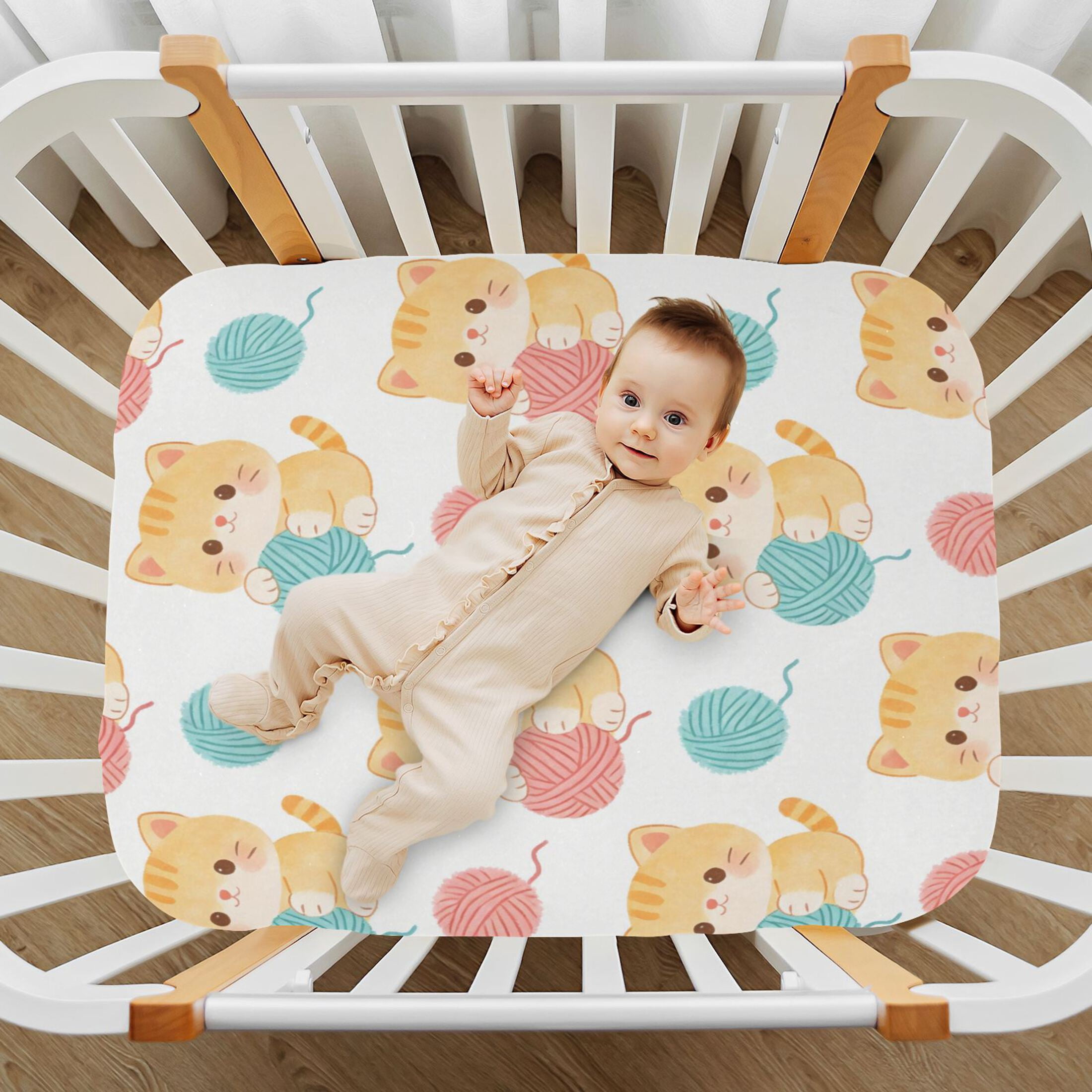Baby Essentials 52”x 28”- Standard Cotton-like Modal Elastic- Cute Kitten Pattern Design Crib Sheets for Newborns and Toddlers