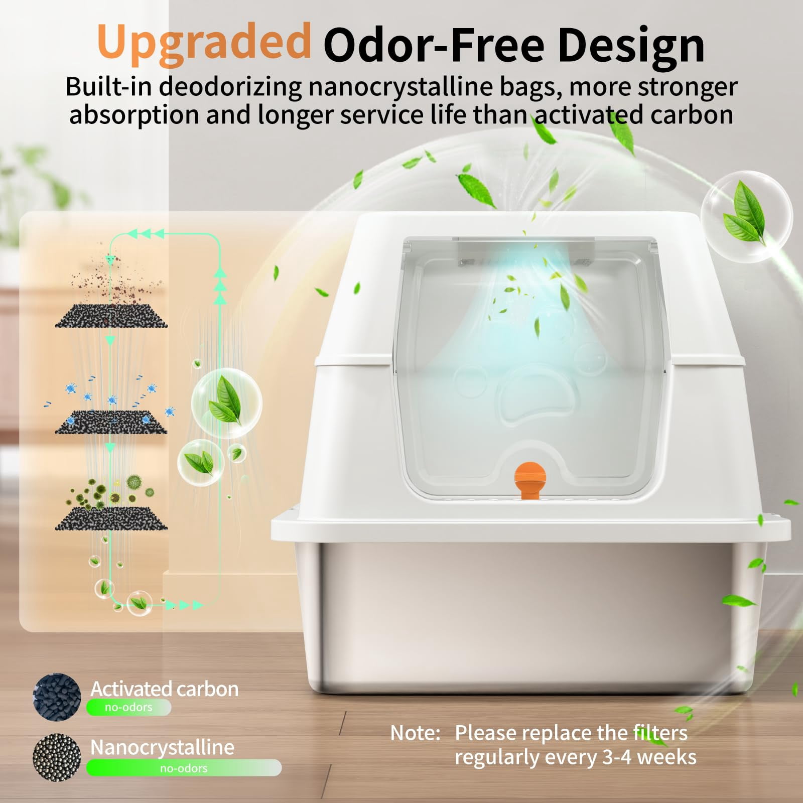 Stainless Steel Cat Litter Box With Lid  180° Flip-top Xl Extra Large Enclosed Covered Metal High Sided Pan Steps & Scoop Easy Cleaning Odor Control Non-sticky-white