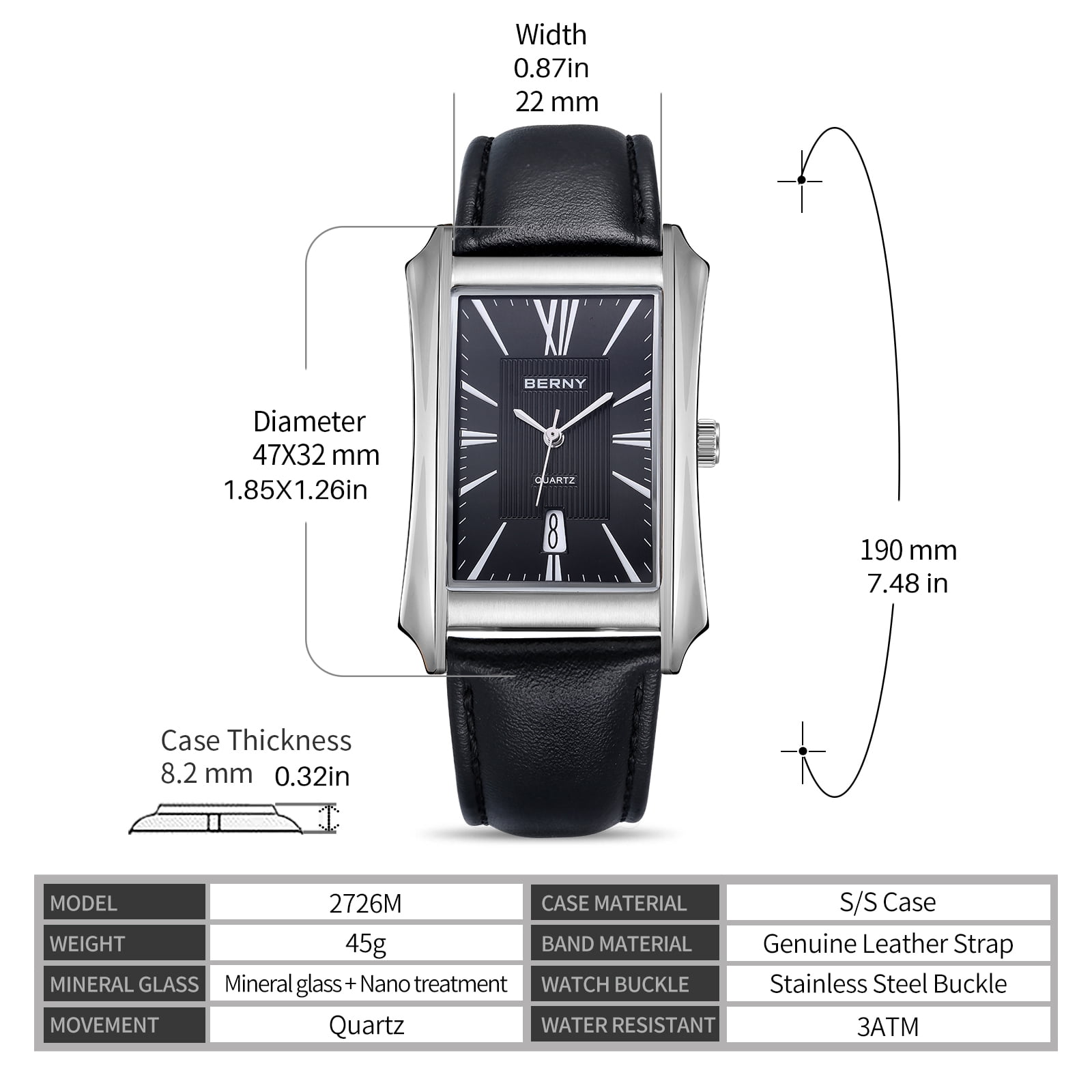 BERNY Men's Leather Watch, Vintage Stainless Steel Rectangular Case Roman Dial Dress Analog Watch with Date Calendar, Waterproof, Classic Business Quartz Wrist Watches for Men (Black)