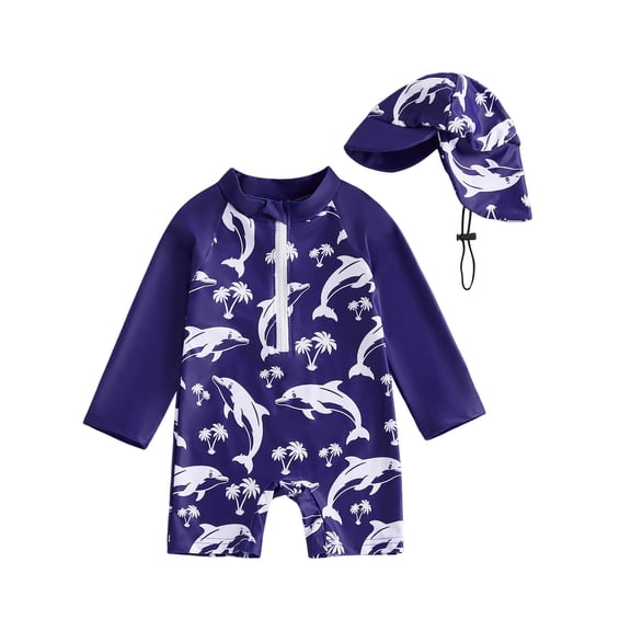 Zanarzt Baby Boy Rashguard Swimsuit Baby Swimsuit UPF 50  Sun Protection Long Sleeve Toddler Bathing Suit Boy Girls with Adjustable Sun Hat 2-3 Years,Navy
