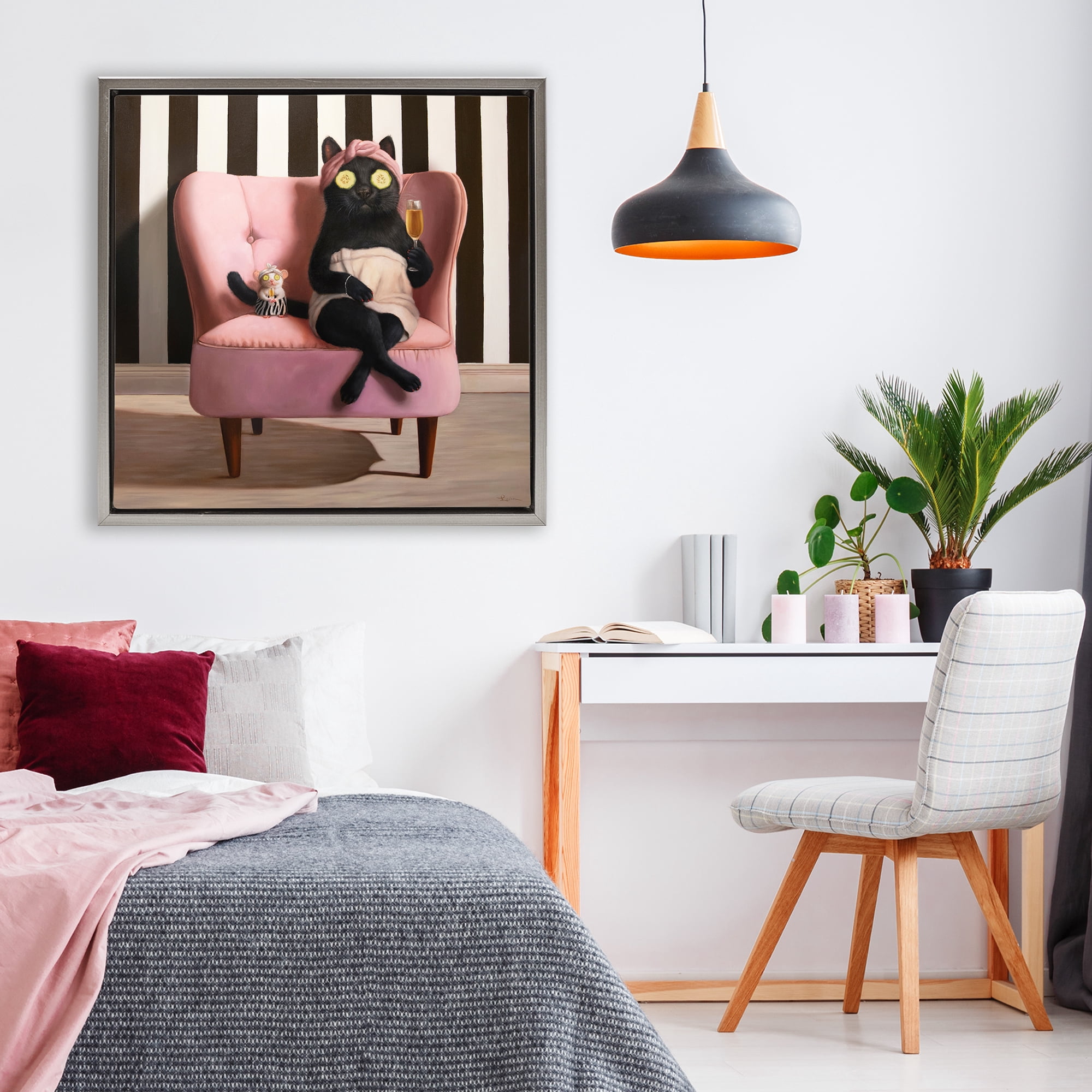 Stupell Industries Pamper Party Cat Gray Framed Floater Canvas Wall Art, design by Lucia Heffernan