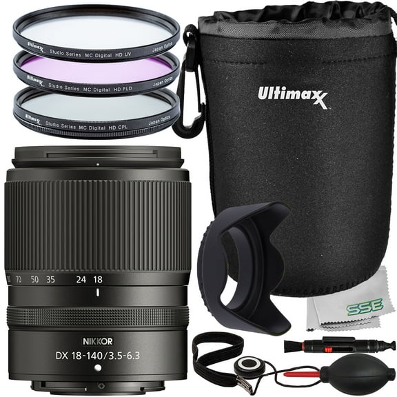 Ultimaxx Essential Nikon 18-140mm f/3.5-6.3 VR Lens Bundle - Includes: Water-Resistant Lens Pouch, Protective 3PC Filter Kit (UV, CPL, FLD), Tulip Lens Hood & More (12pc Bundle)