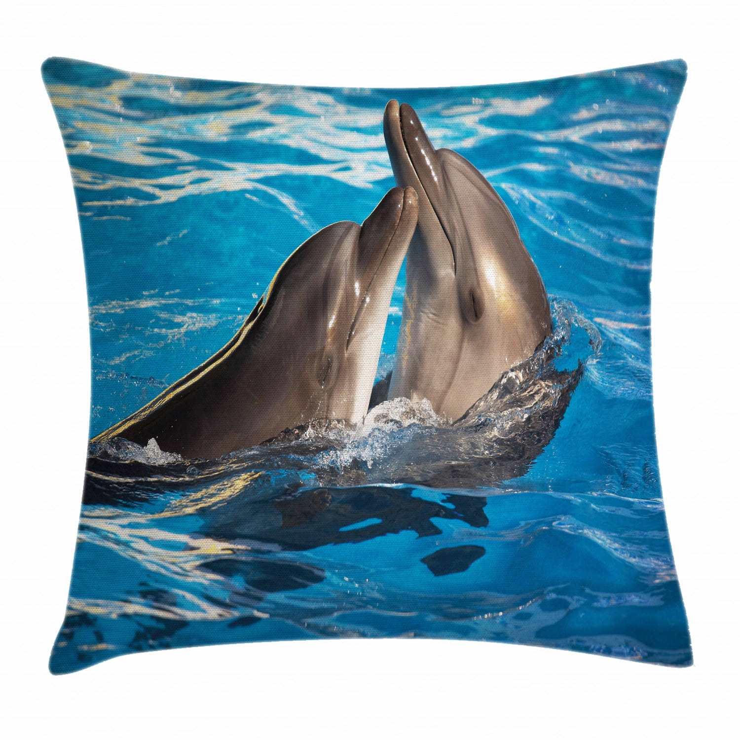 Dolphin Throw Pillow Cushion Cover, Aqua Show Pair of Dolphins Dancing in the Pool Animal Family