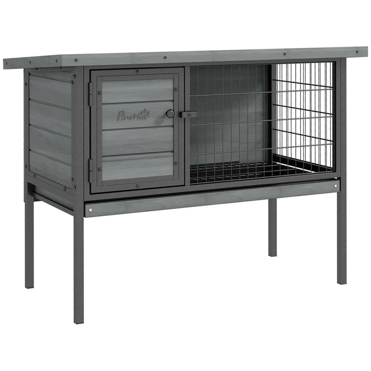 Kadyn 36" Outdoor Rabbit Hutch with Slide-out Tray and Openable Roof, Wooden Small Animal Habitat Enclosure Bunny Cage for Bunnies, Guinea Pigs, Gray