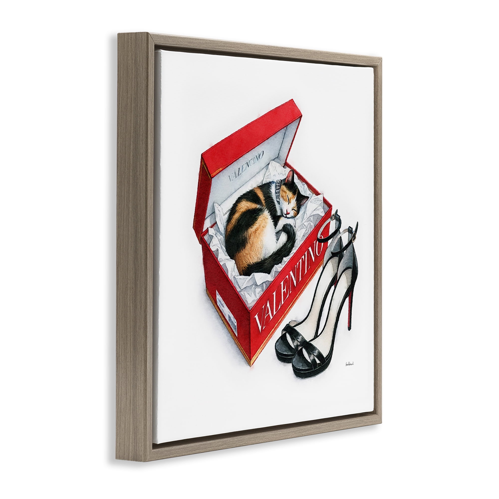 Stupell Industries Trendy Cat Shoebox Animals Painting Brown Floater Framed Canvas Art Print Wall Art, 18 x 18