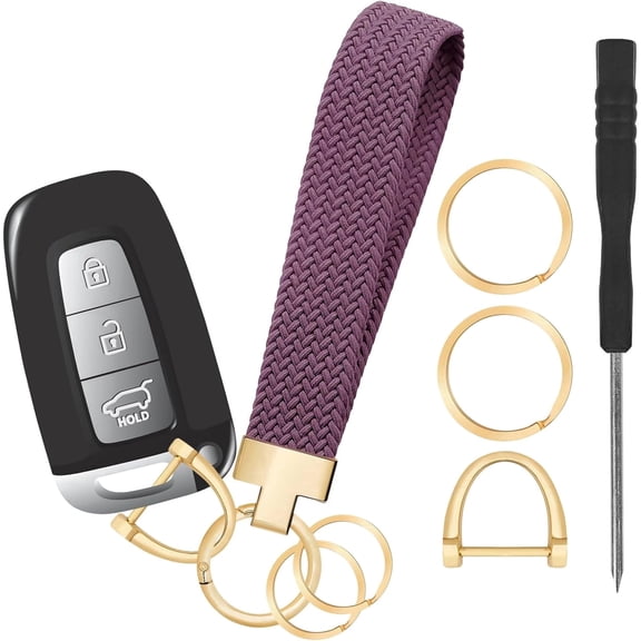 Stretchy Wristlet Keychain,Car Key Chain,6.6" Elastic Woven Nylon Braided Wrist Lanyard with 3 Keyrings and Anti Lost D Ring, Cute Soft Skin Friendly Bracelet Holder for Women Men(purple)
