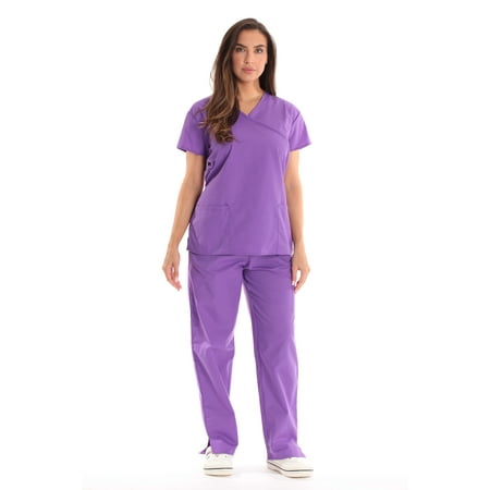 

Just Love Women s Scrub Sets Medical Scrubs (Mock Wrap) - Comfortable and Professional Uniform in (Purple with Purple Trim Small)