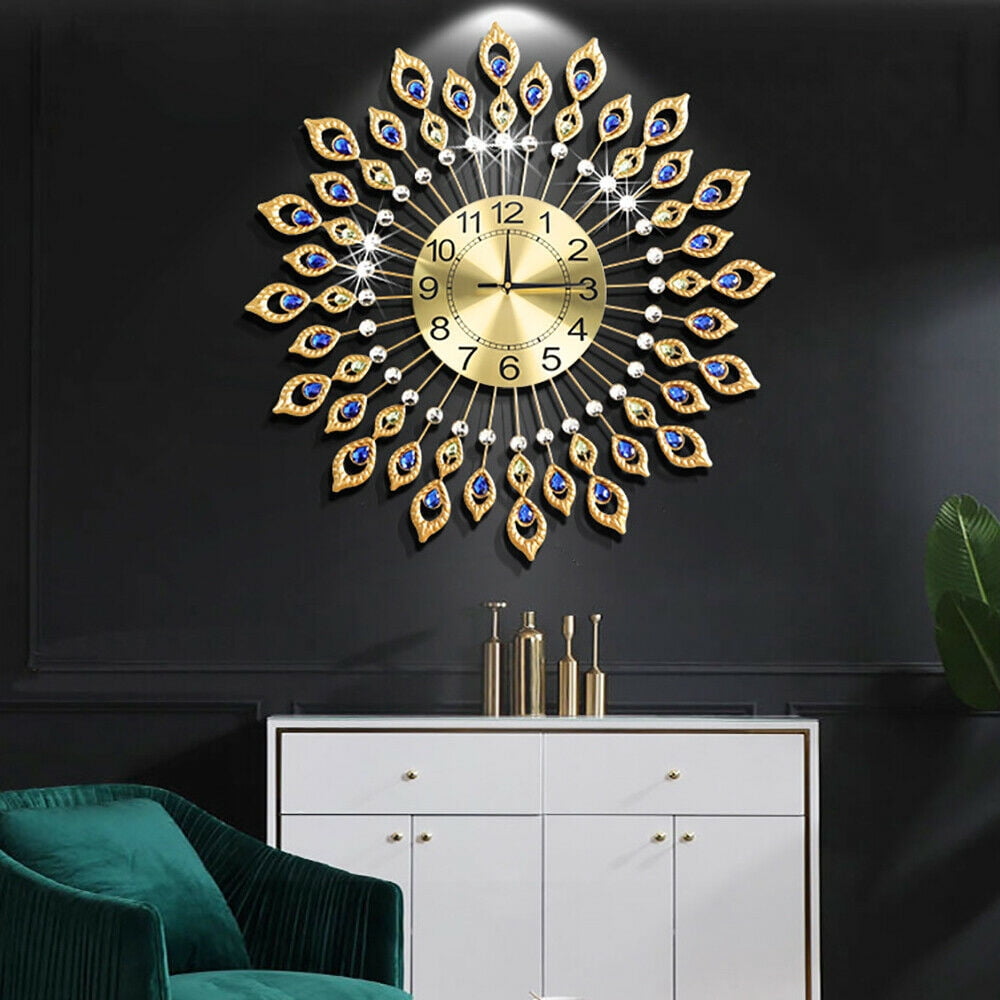 DENEST 26.4 in Gold Luxury Peacock Large Wall Clock 3D Metal Living Room Watch Home Decor