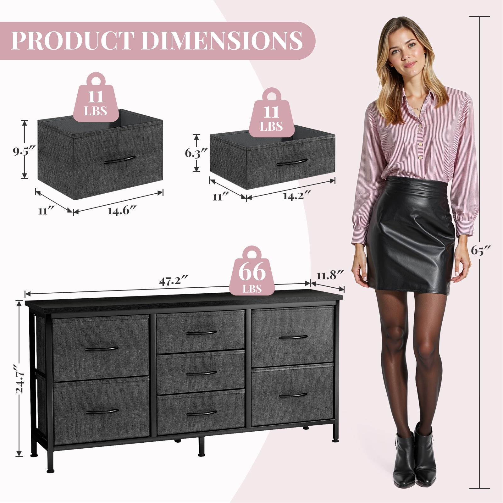 7 Drawers Dresser, Storage Dresser Organizer with Drawers, Chest of Drawers, TV Stand Dresser with Metal Frame and Wood Tabletop for Bedroom, Guest Room, Closet, Entryway, Nursery, Gray