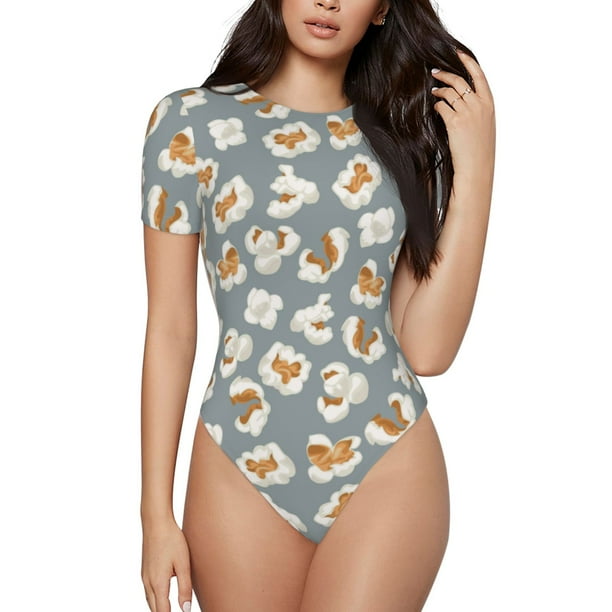 Balery White Popcorn Body de cuello redondo de manga corta para mujer Tops de manga corta Tops básicos-Large