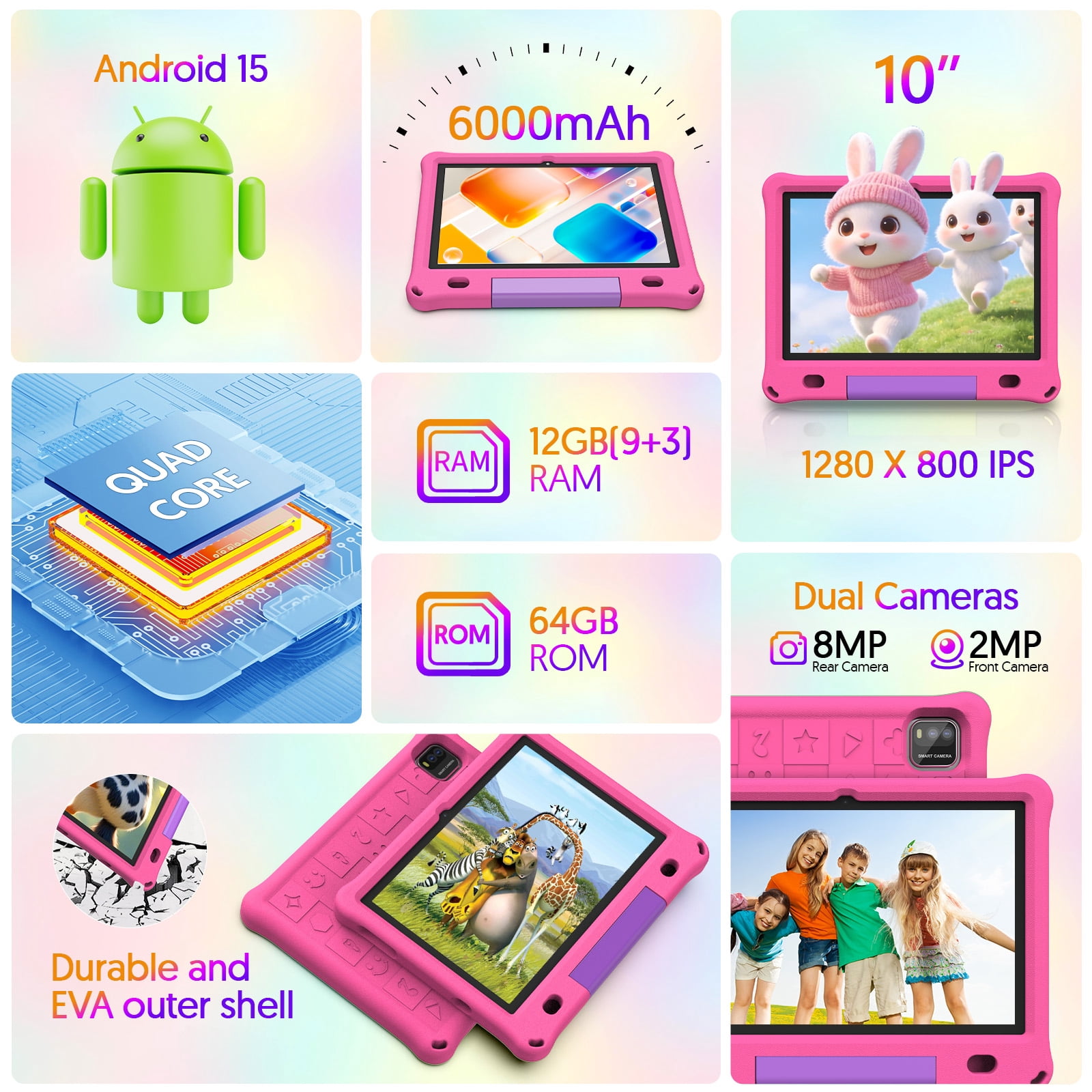 10inch Kids Tablet Android 15,1280x800 HD Ips Display Tablet with Eva Case,12GB (3g+9g) RAM+64GB Rom,Quad-Core, Wi-Fi6,6000mAh,Parental Control App Google Certified - Pink