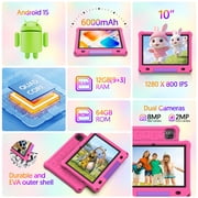 10inch Kids Tablet Android 15,1280x800 HD Ips Display Tablet with Eva Case,12GB (3g+9g) RAM+64GB Rom,Quad-Core, Wi-Fi6,6000mAh,Parental Control App Google Certified - Pink