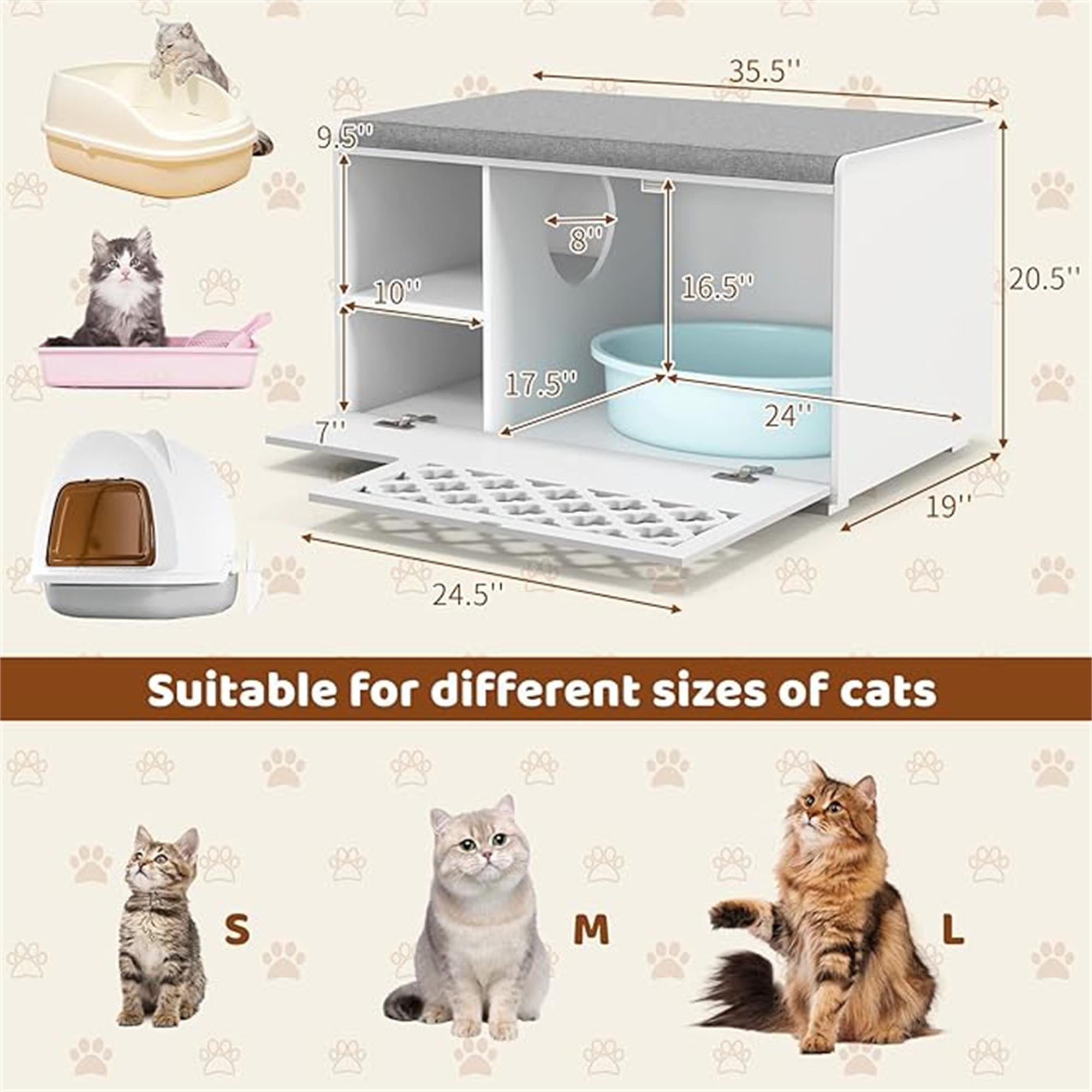 Kadyn 35" Cat Litter Box Enclosure Hidden, Wooden Cat Furniture Storage Bench Kitty Cat Washroom, Indoor Cat Box Cabinet Fit Most of Litter Box, White