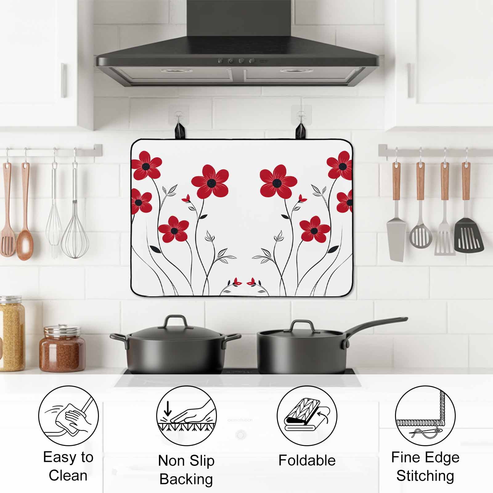 Red Spring Floral Stove Top Cover for Electric Stove, Heat-proof & Non Slip Glass Top Stove Cover Protector, Elegant Summer Botanical Pastoral Kitchen Flat Cooktop Rubber Mat 24x21 Inches