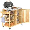 thumbnail image 2 of Outsunny Outdoor Grill Cart with Wheels and Storage Cabinet, Solid Wood Outdoor Kitchen Island with Stainless Steel Top, Natural Wood, 2 of 9