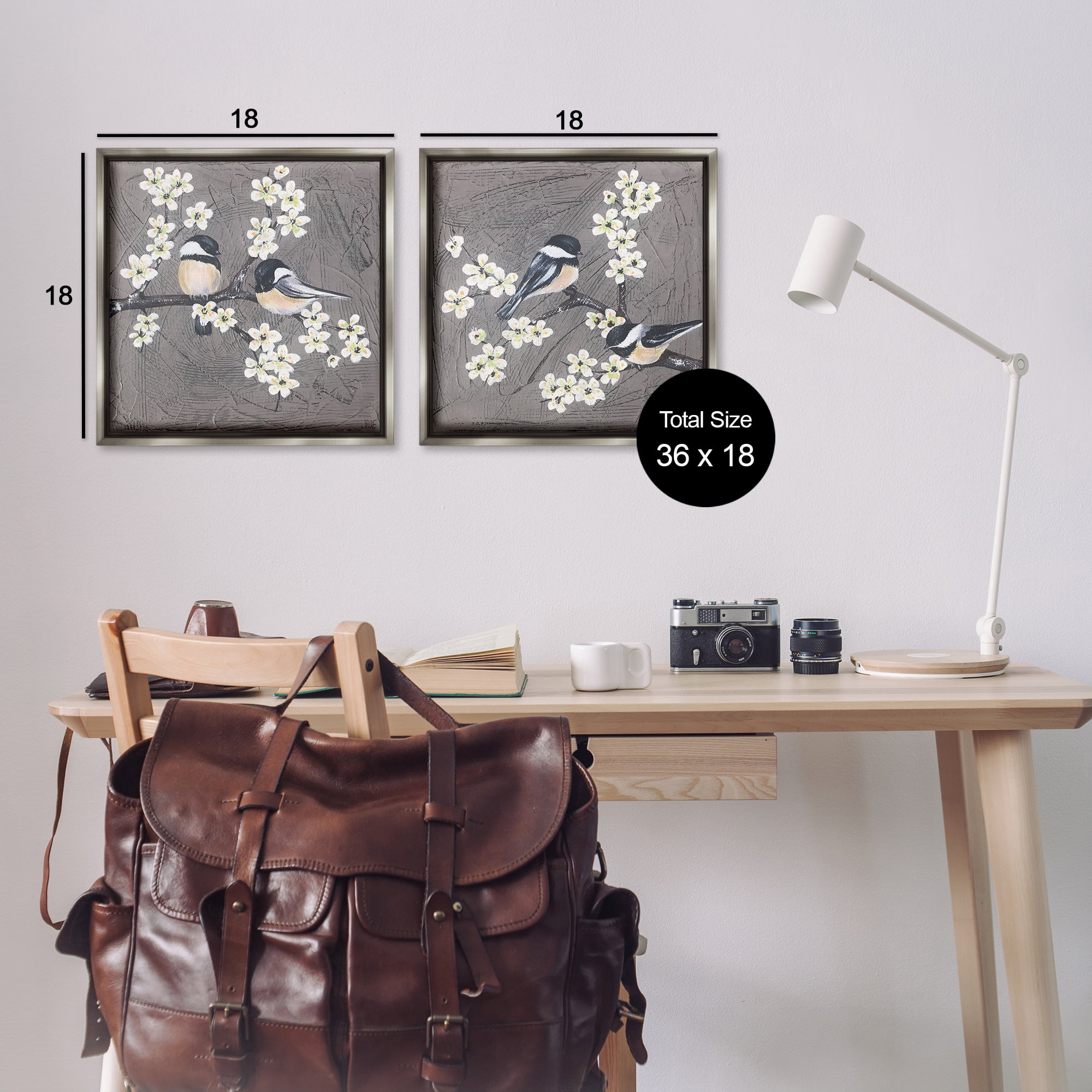 Stupell Industries Chickadee Birds Flowering Branch Animals Painting Gray Floater Framed Canvas Art Print Wall Art, 18 x 18, Set of 2