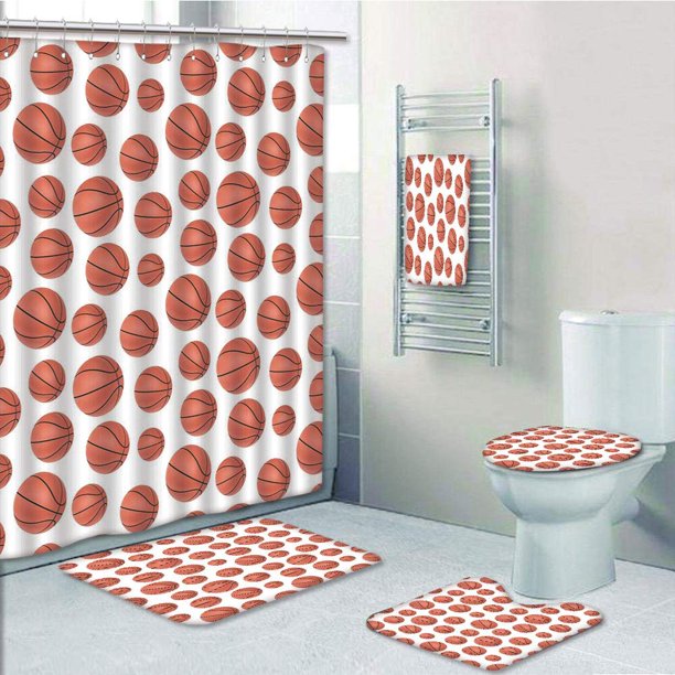 PRTAU Basketball Realistic Balls on Classical Sports 5 Piece Bathroom Set Shower Curtain Bath