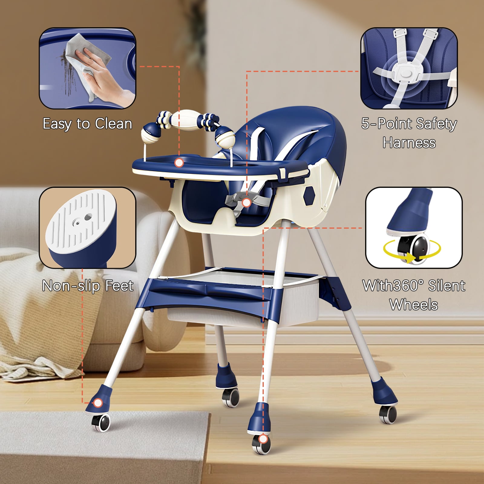 HAOUUCYIN 4-in-1 Baby High Chair, Portable Dining Chairs Eat & Play with Double-Layer Dinner Plate and Toy Rack, for 0-36 Months, Blue