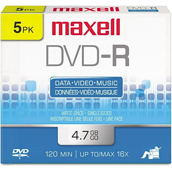 Maxell 638002 DVD-R Discs, 4.7GB, 16x, w/Jewel Cases, Gold, 5/Pack