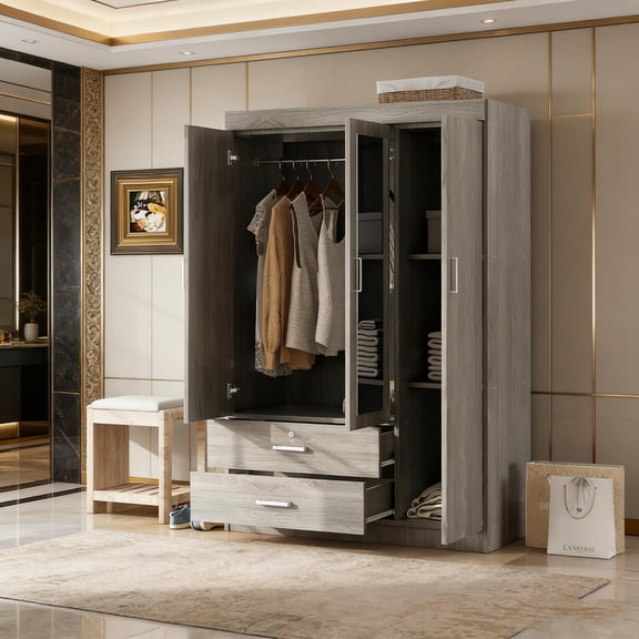 3-Door Wardrobe with Mirrored Doors and Interior Shelves, Large Closet Cabinet with Storage Shelves for Bedroom Organization