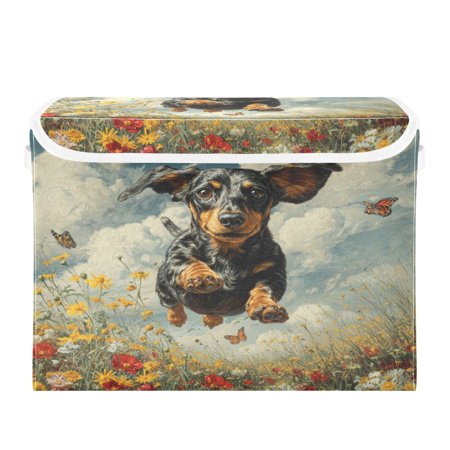 Storage Box With Lid 16.5x12.6x11.8In Lidded Home Storage Bins Foldable Stacked Household Storage Box Black Dog