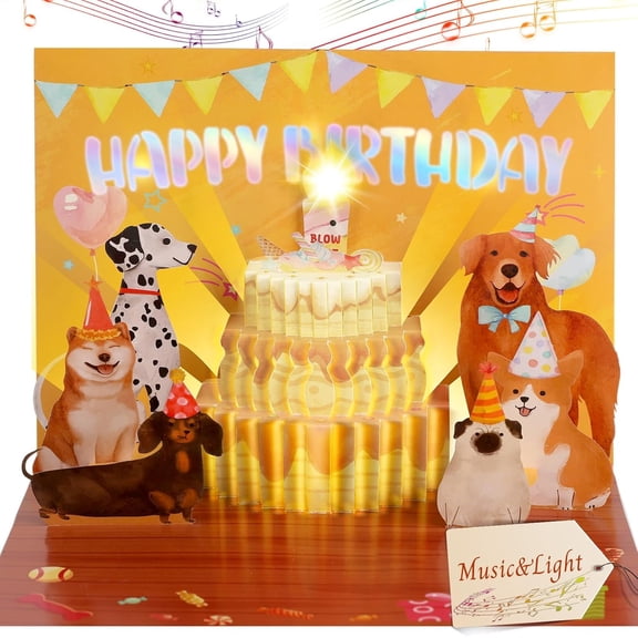 Birthday Cards, Funny Dog Birthday Cards with Lights Music, Blowing Candles Birthday Cards for Kids Men Women Dog Lovers Mom or Dad