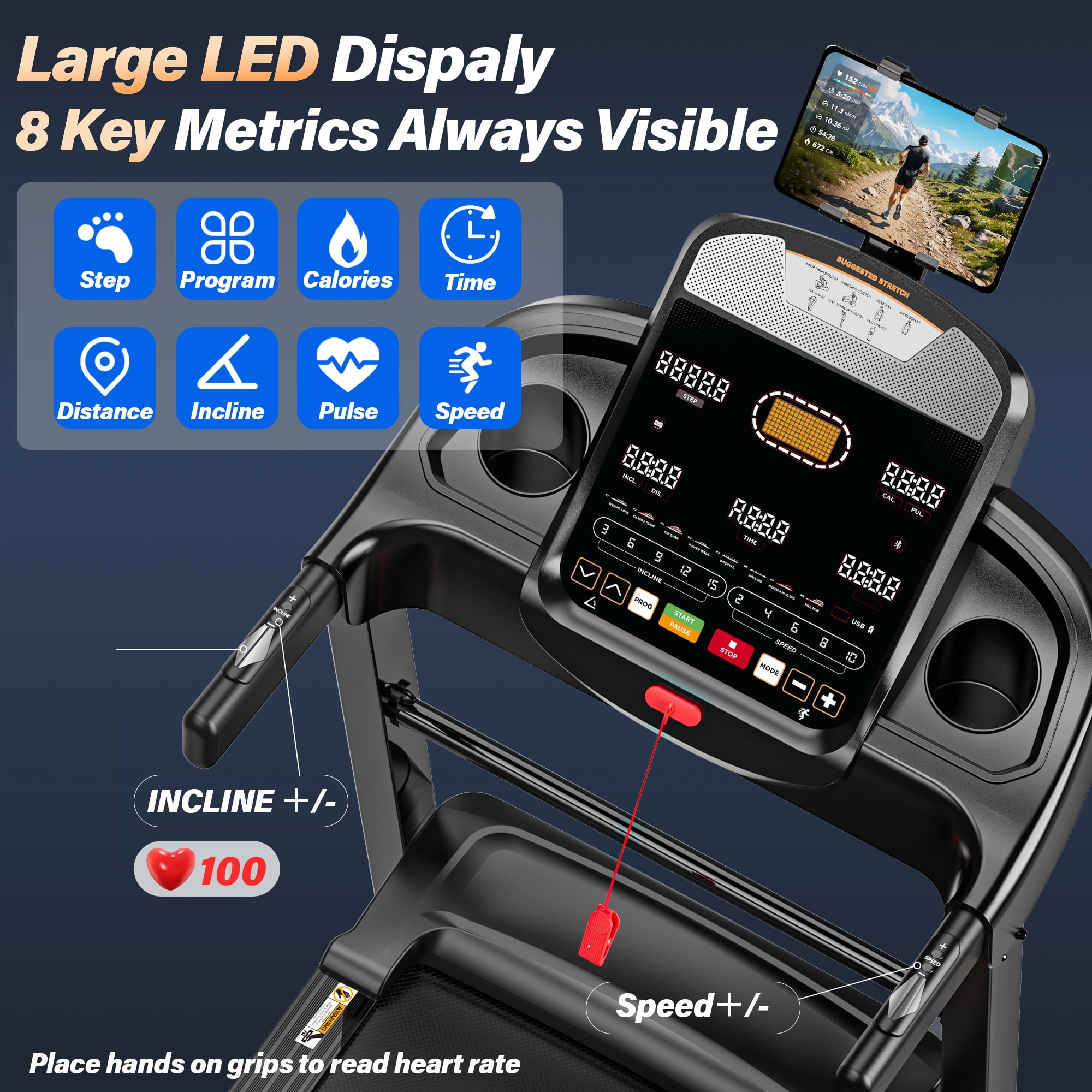 Folding Treadmill with Auto Incline, 5HP Brushless Motor, 0.6–12 MPH Speed Range, 20 Incline Levels, 300 lb Capacity, Bluetooth App Control, One-Touch Folding Design, 90% Pre-Assembled