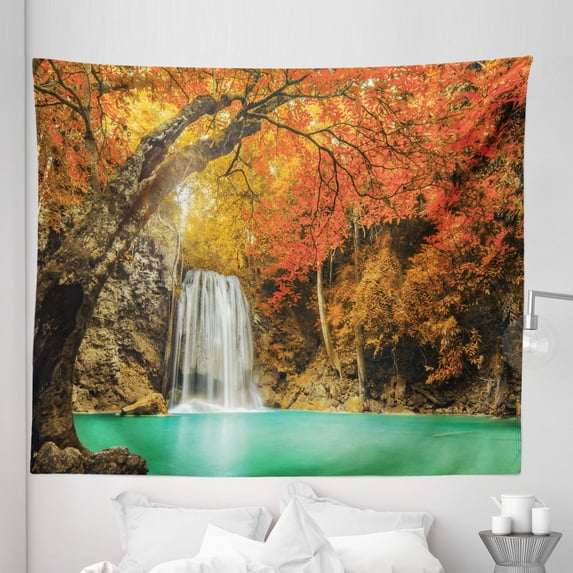 Waterfall Tapestry, Majestic Waterfall Cascade in the Forest Flows down Crystal Pure Habitat View, Fabric Wall Hanging Decor for Bedroom Living Room Dorm, 5 Sizes, Orange Blue, by Ambesonne