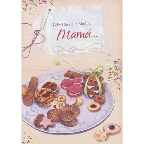 Designer Greetings Cookie and Macaroon Tray on Peach Background Spanish Language Mother's Day Card for Mom