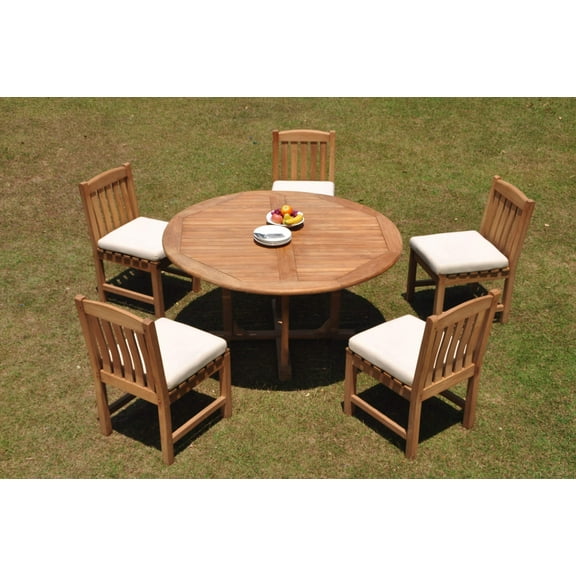 Grade-A Teak Dining Set: 5 Seater 6 Pc: 60" Round Table And 5 Devon Armless Chairs Outdoor Patio WholesaleTeak #WMDV75
