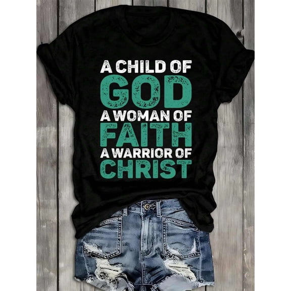 【New Arrival】A Child Of God A Woman Of Faith A Warrior Of Christ Vintage Distressed Graphic T-Shirt, Women Inspirational Faith Christian Casual Short Sleeve Tee