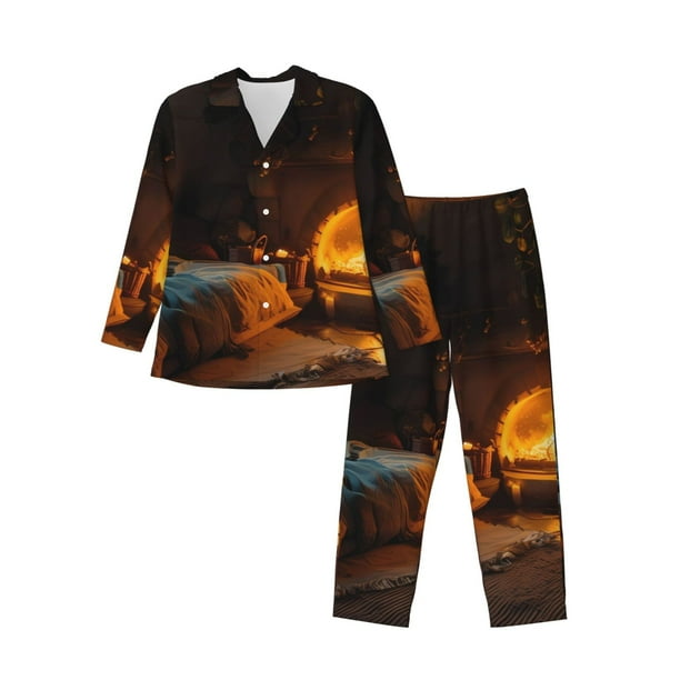 Balery Cozy Tree Hole Cabin Pijama para Hombre de Dos Piezas con Manga Larga, Conjunto de Dormir y Descanso Suave con Bolsillos-Small