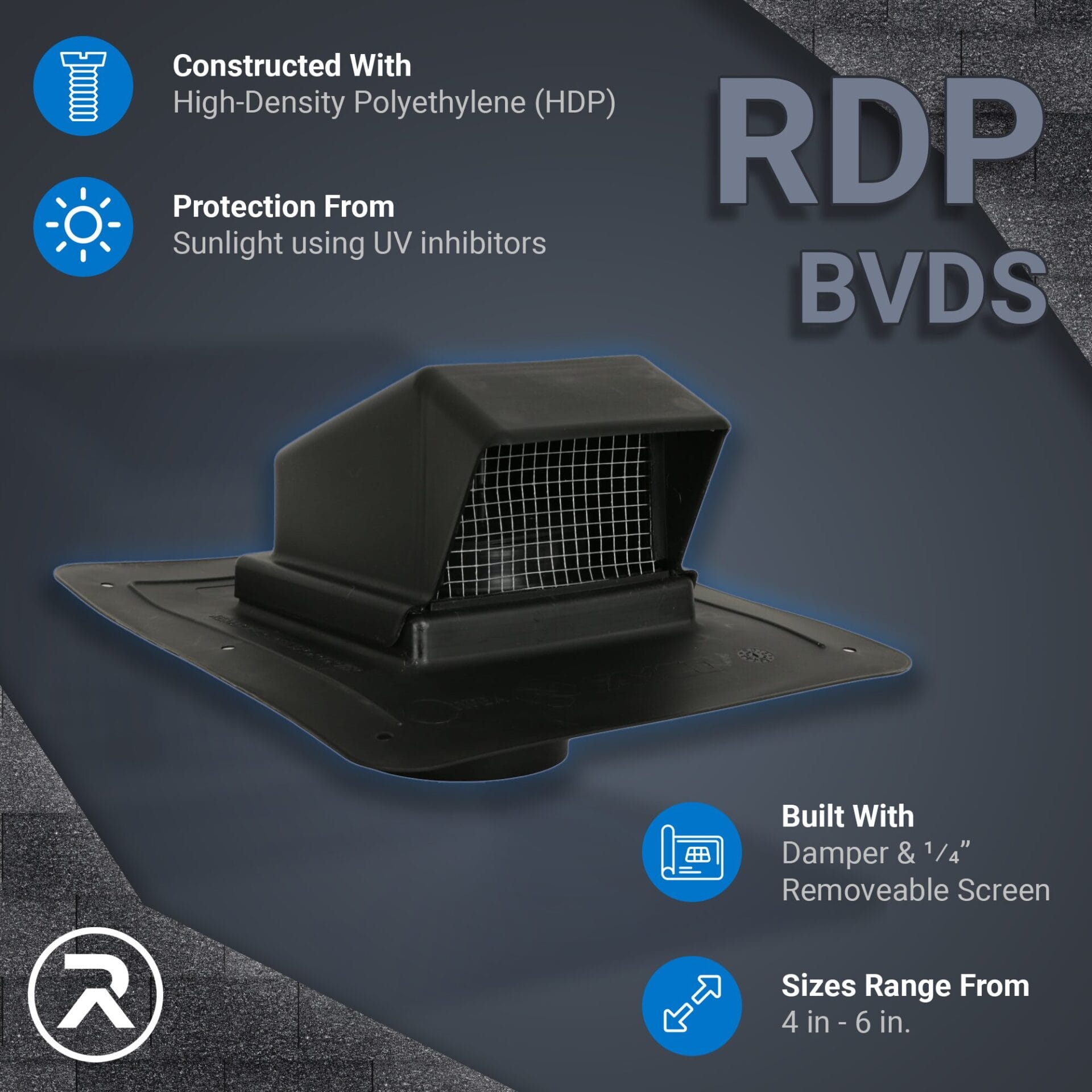 RDP 4" Plastic Roof Vent w/Stem For Kitchen & Bathroom Exhaust (Black)