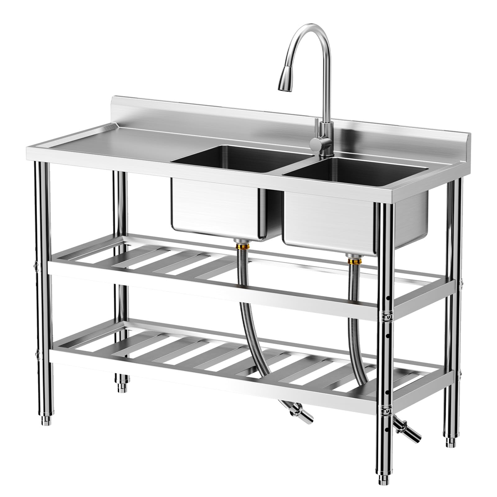 Freestanding Stainless Steel Utility Sink with Dual Bowls 47"x18"x35", Clog-Resistant Drainage, 304 Stainless Steel Pull-Out Faucet, Open Shelf