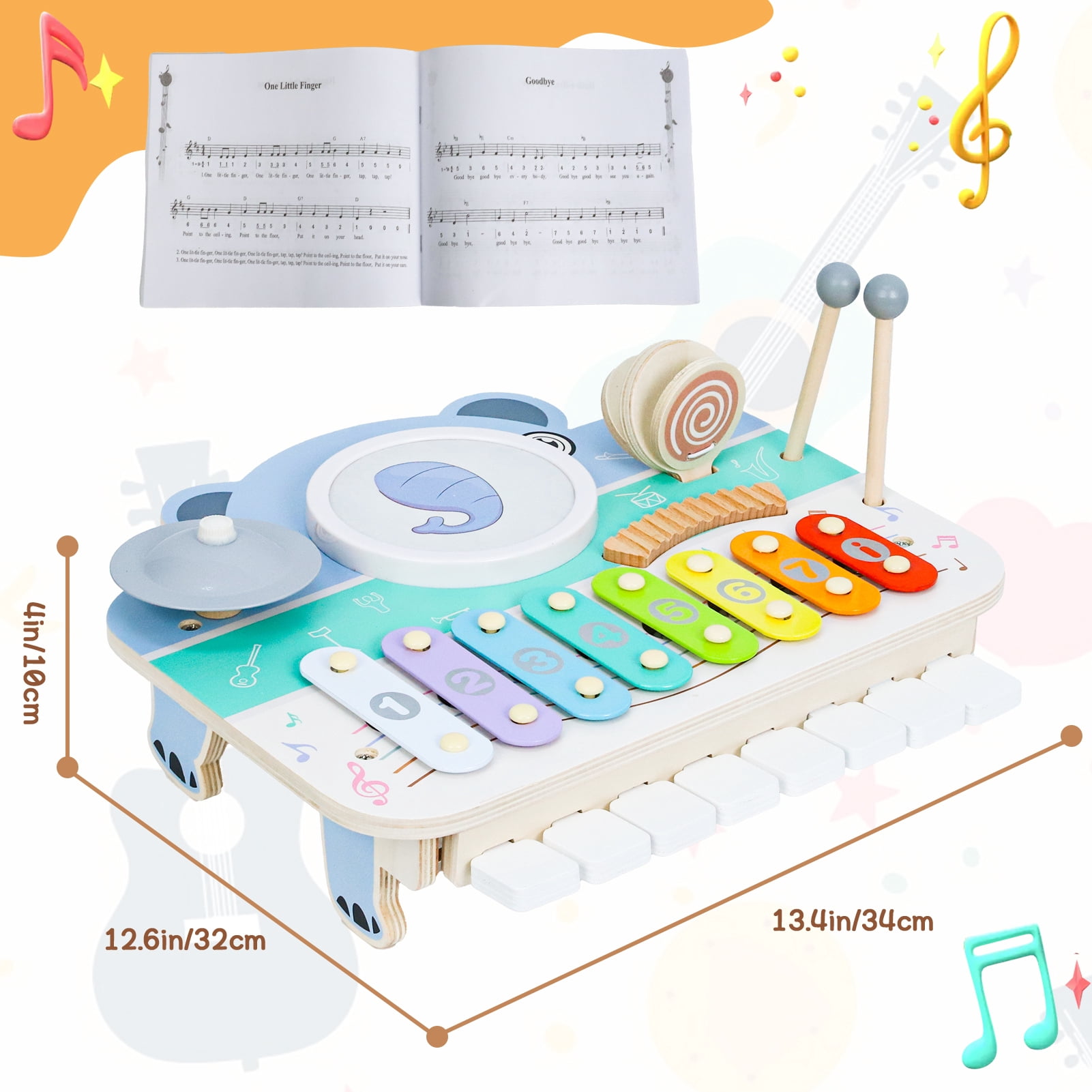 Wdmiya Baby Piano Xylophone for Toddlers 1-3, 6-in-1 Wooden Kids Musical Instruments, Music Toys with Drum Keyboard Sheet Music, Preschool Educational Birthday Gitfs for 1 2 3 Years Old Boys Girls