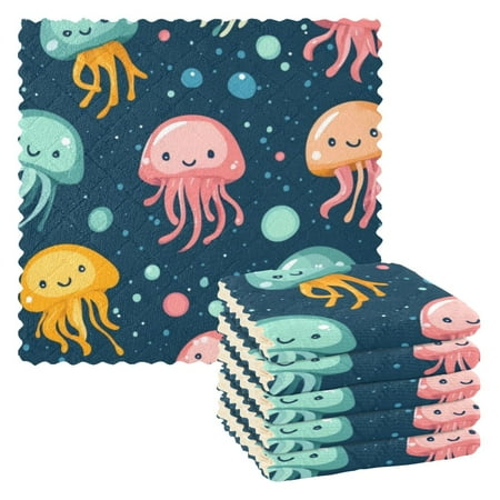 

6 Pieces of Kitchen Towels 11x11Inch Kitchen Dish Cloths Kitchen Dish Towels Reuseable Cleaning Cloths Lovely Colored Jellyfish
