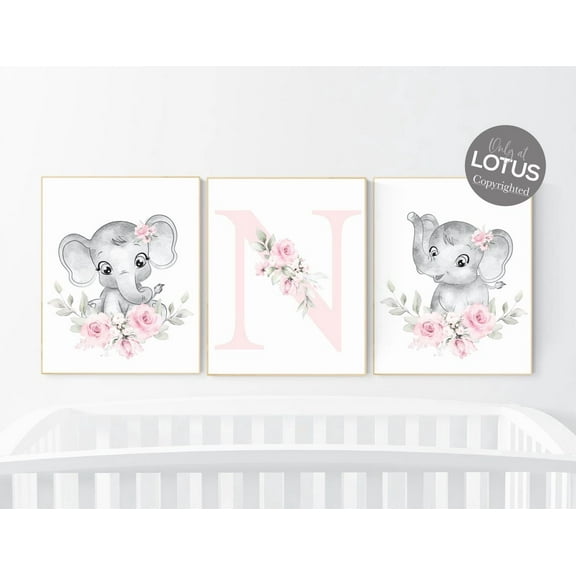UNFFRAMED Luvia Set of 3 Boho Elephant Floral Nursery Poster Set Baby Girl Room Decor Pink Flowers Prints Set 3 Prints 8x12