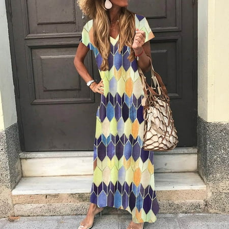 

HOMBOM Women Summer Dress Women s Summer Fashion V-neck Diamond Printed Ankle Vintage Long Dress