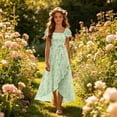 thumbnail image 5 of SGFCWSX Girls Maxi Dress Square Neck Flutter Sleeve Daisy Floral Print High Low Belted Dresses for Kids Green Size 5T, 5 of 7