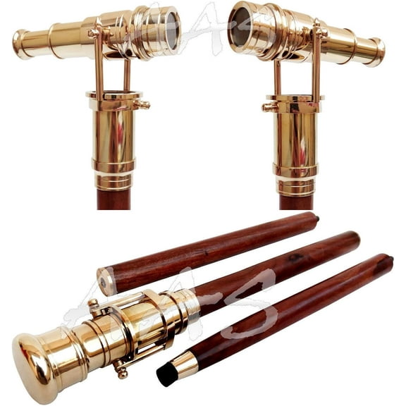 NAUTICALMARTUS Brass Telescope Walking Stick Hidden Handle Cane 3 Fold Wooden Walking Stick Gift Cane Nautical Walking Stick Vintage Walking Wood Canes