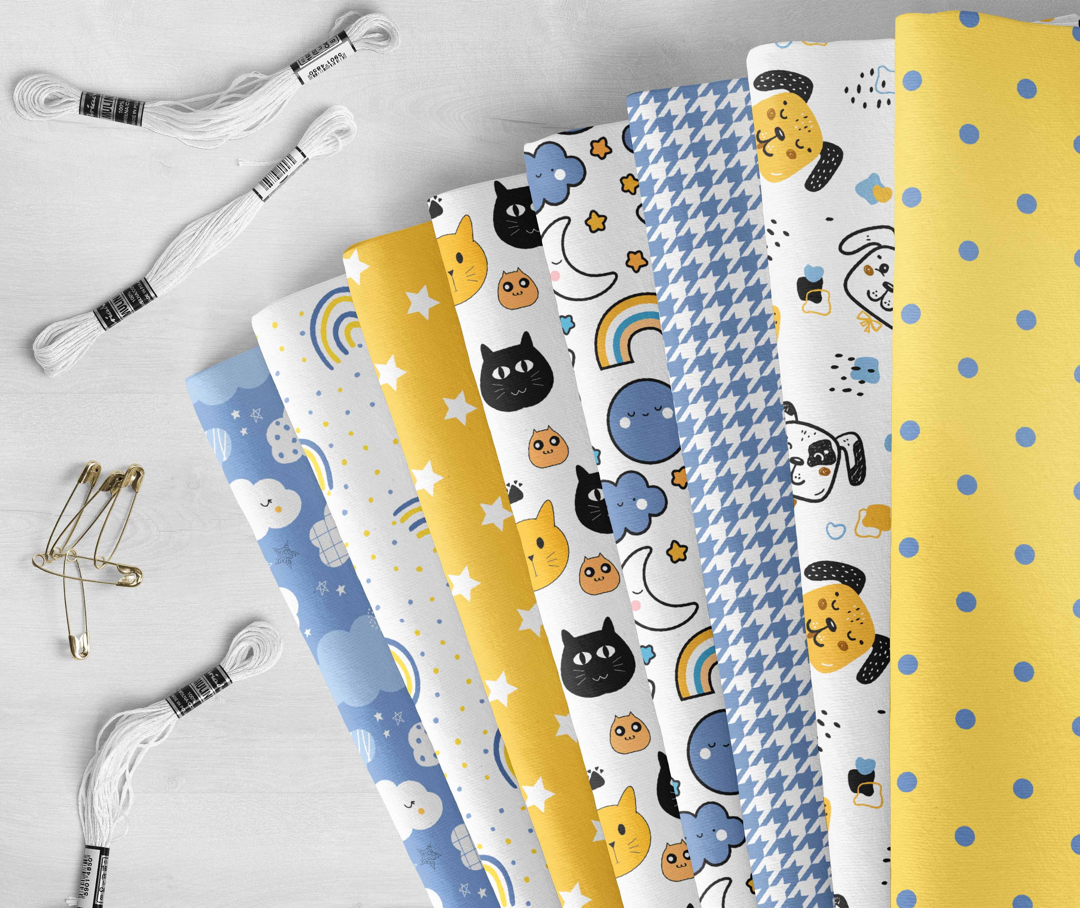 Soimoi 8 Pc Fat Quarter Bundle-Kids Collection - Nursery DecorPrint 18"x 22"DIY Patchwork-100% CottonPre-Cut Quilting Fabric Blue-Yellow & White