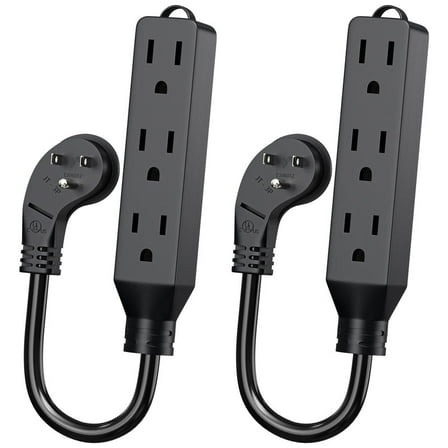 1FT Flat Plug Extension Cord - 3 Outlet Heavy Duty Extension Cord, SJT 16AWG, Black-2 Pack