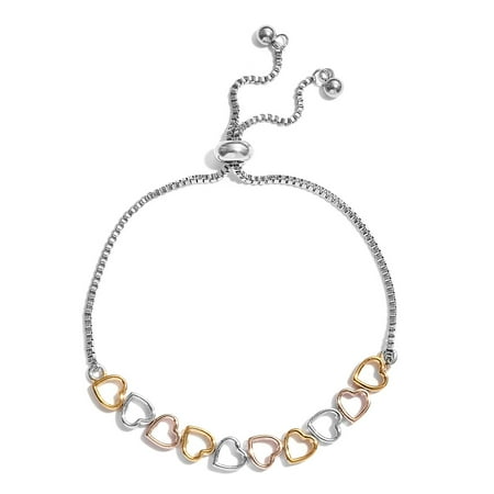 Illusion Tennis Bracelet - 14k Yellow Rose Gold Platinum Plated Stainless Steel Linked Heart Love Valentine Bolo Tennis Bracelet for Women Adjustable Jewelry