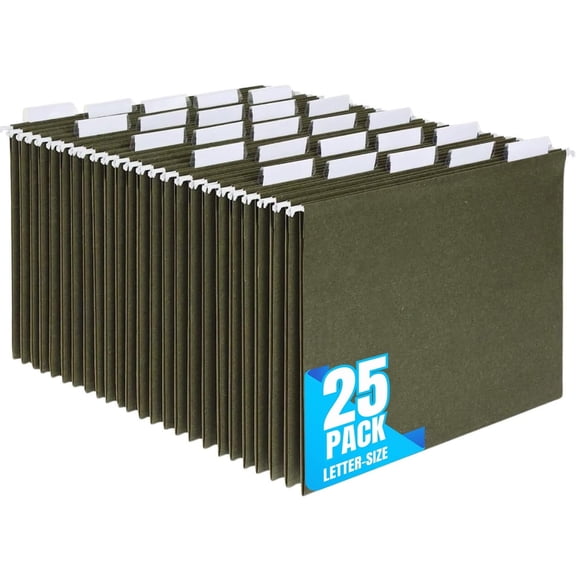 1InTheOffice Hanging File Folders Letter Size, File Cabinet Folders, Reinforced, 1/5 Tabs, 11 pt., Green, 25 Pack