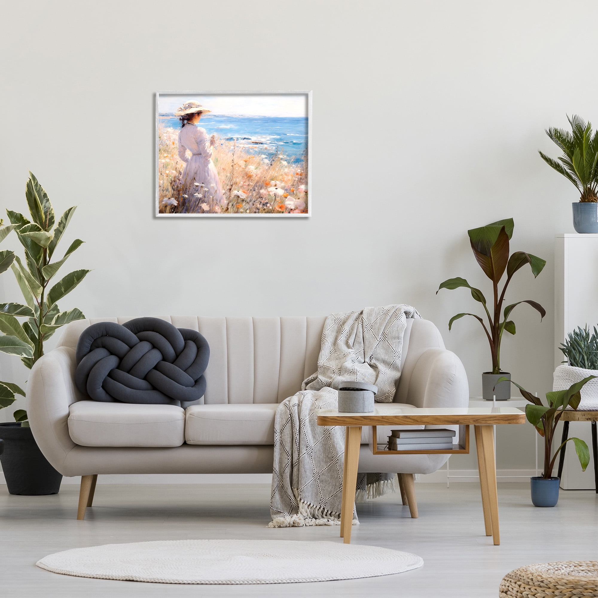 Stupell Industries Classic Woman by Shore Landscape Painting White Framed Art Print Wall Art, 30 x 24