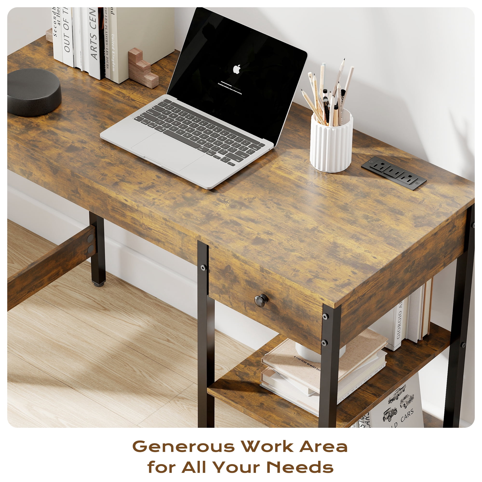 Manxile Computer Desk with Drawer & Open Shelves, Home Office Writing Desk Work Study Table for Small Space, Rustic Brown